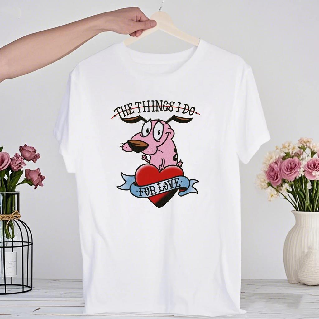 Мультяшная футболка 90-х «Кураж — трусливый пес» Ретро Уличная мода Летняя одежда Топы Подарок Мужчины Женщины Пара Хлопковые футболки