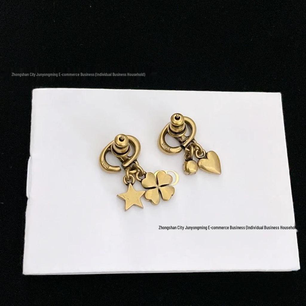 Retro D-Style Asymmetrical Colorful Clover Heart Star Diamond Earrings for Women - Niche Design by CD