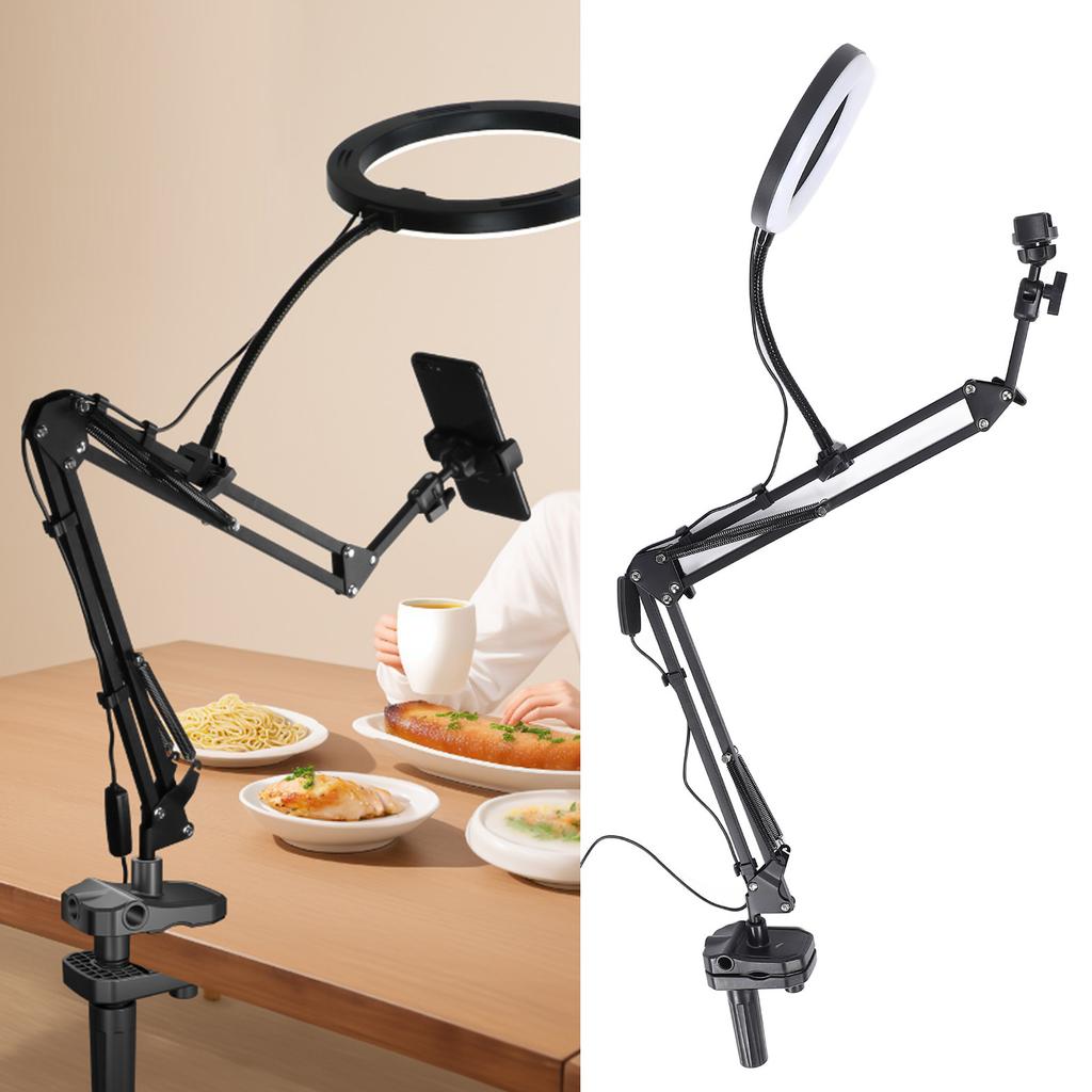 Selfie Ring Light 3 Color Temperature Retractable Arm Overhead Ring Light with Clamp Phone Holder Fo