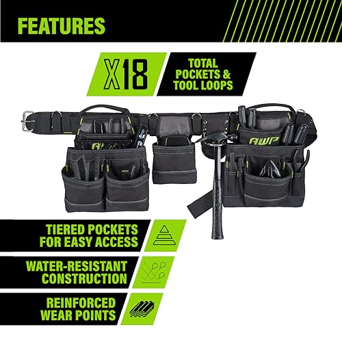 AWP Carpenter Tool Rig Premium Tool Belt with Carry Handle, Air Mesh Padded Belt, Fits Waist Up To 50 Inches, Black