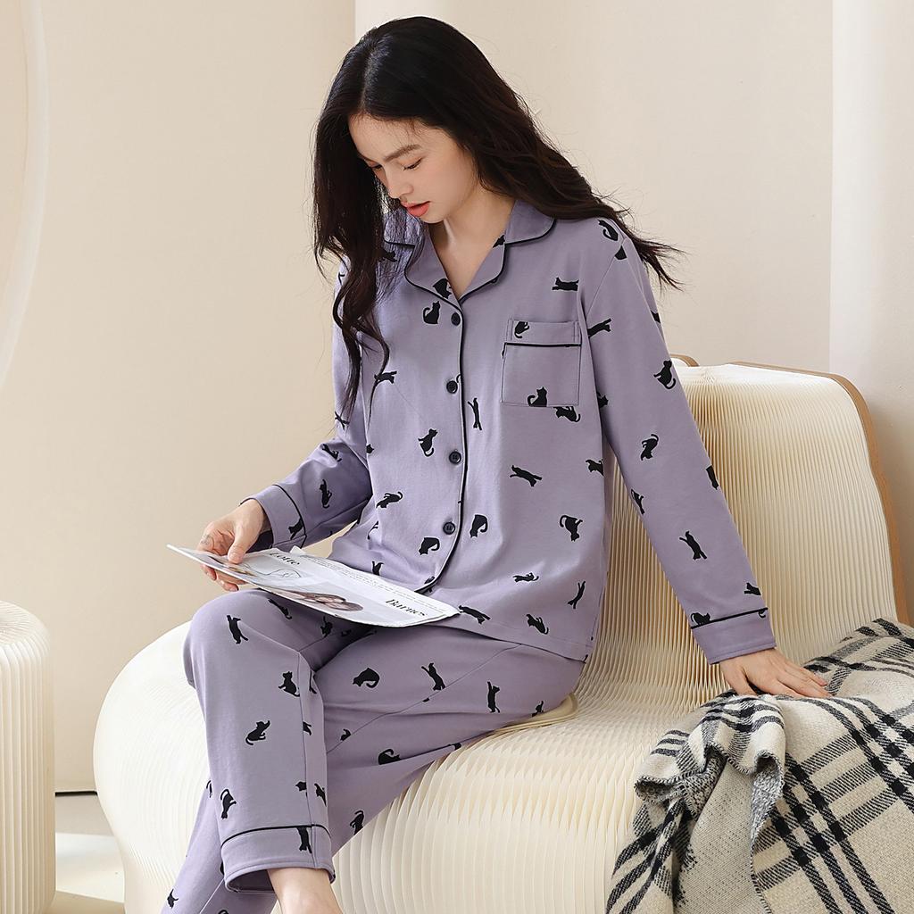 Pajamas women's pure cotton new long-sleeved trousers spring and autumn cardigan lapel can be worn out set loungewear two-piece set