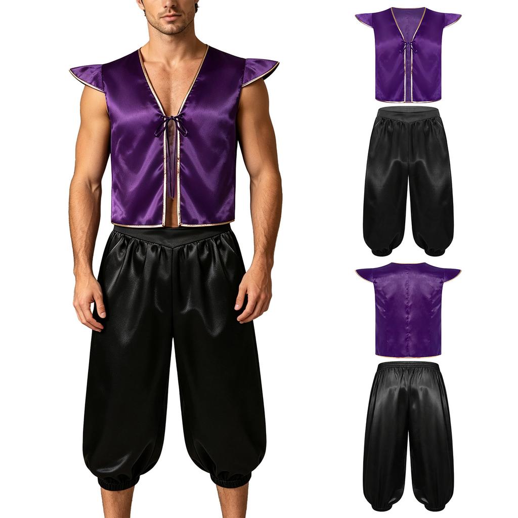 Arabian Prince Halloween Costume for Men Fly Sleeve Open Front Satin Vest Metallic Trim with Elastic Waistband Shorts