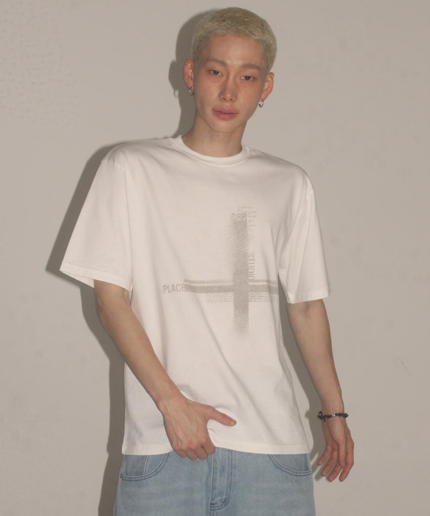 PLACESTUDIOMAN Round Neck Oversized Casual Short Sleeve T-Shirt With Cross Lettering Graphic Point _3 Colors