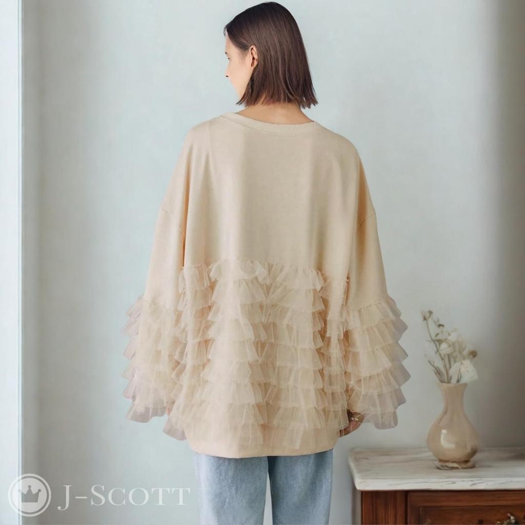 Женский пуловер J-Scott с тюлевыми оборками, длиной туники, с круглым вырезом, объемными рукавами, цвета слоновой кости (JS158-IV-S) - Ограниченный запас