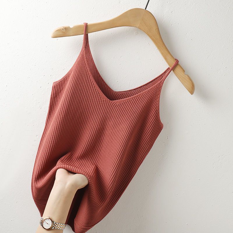 Летний жилет с v-образным вырезом для женщин на тонких бретельках из ледяного шелка, тонкие внутренние вязаные топы без рукавов, однотонные наружные топы
