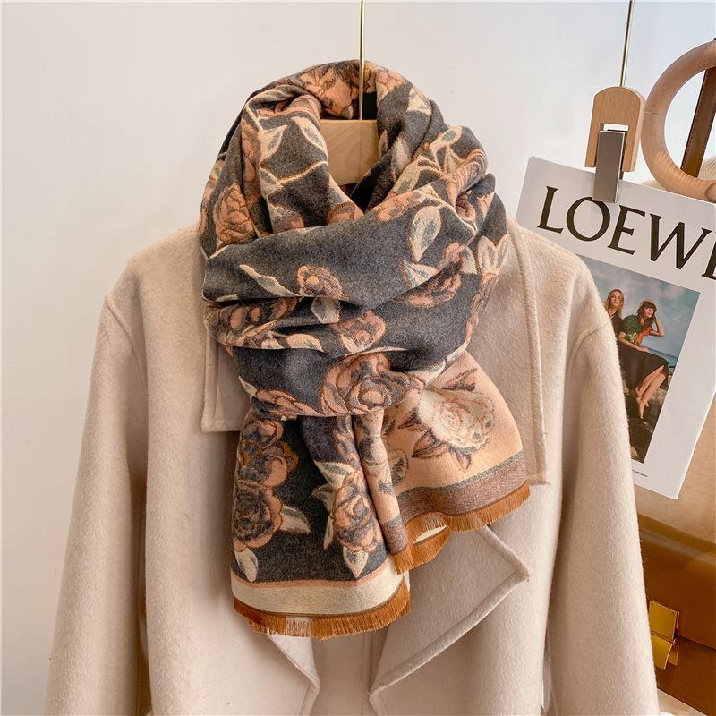 Cute Flower Cashmere Scarf Feel Fringed Shawl Soft Girl Winter Student Scarf Warm Thickened Scarf