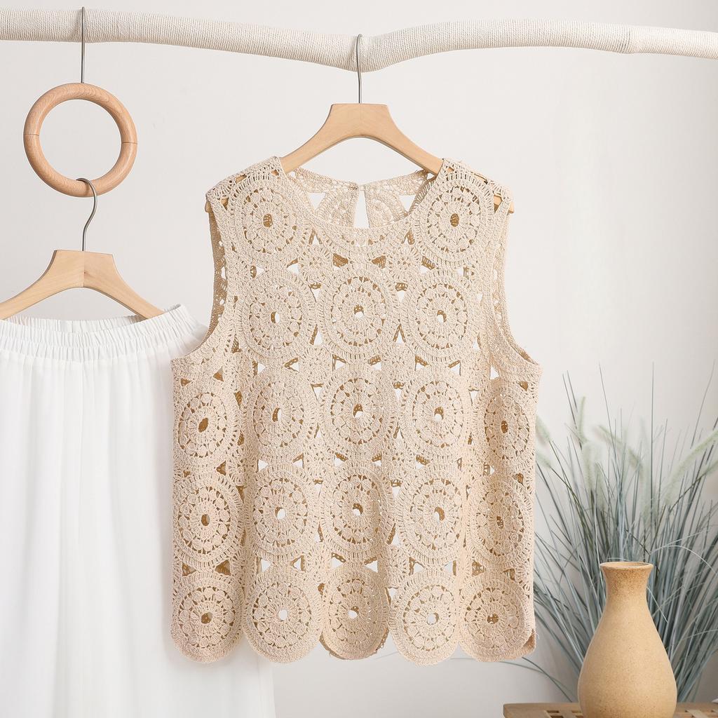 Dimanaf 2025 Новая футболка женская трикотажная кружевная жилетка без рукавов с круглым вырезом ажурная летняя стильная базовая футболка свободная красная одежда