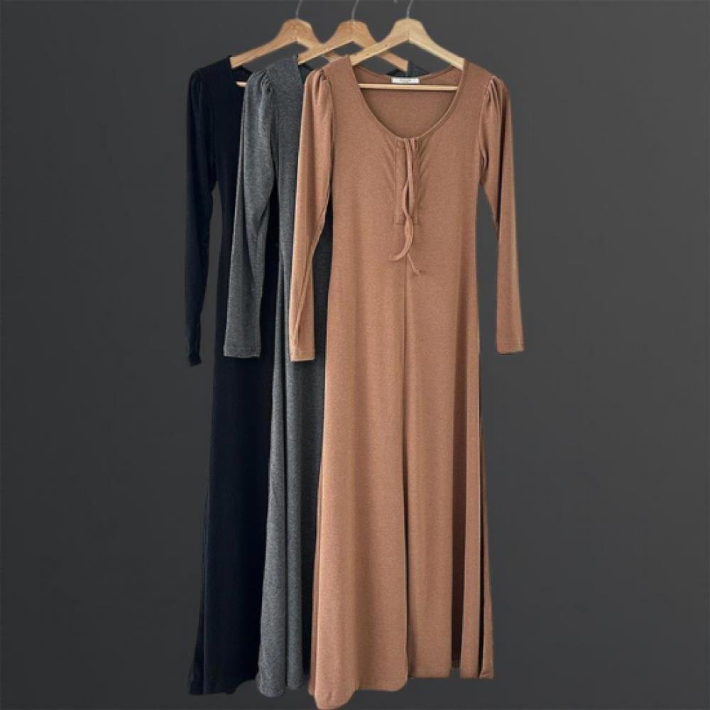 New Arrivals Open RUn Women Slim Fit Shirring U Neck Long Sleeve Dress