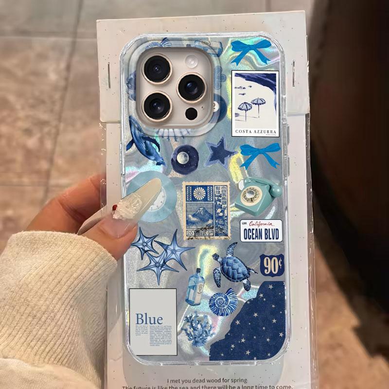 Для iPhone 16 15 14 13 Plus Pro Max 16e 7 8 Plus SE 2020 XS XR 5G Чехол для телефона Тема Океанская жизнь Синее Сердце Морская звезда Ракушки
