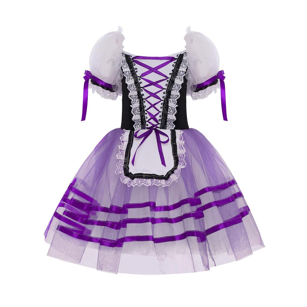 Girls Puff Sleeve Layered Tutu Dress Lace Trim Velvet Bodice Lace Up Back Ballet Costume