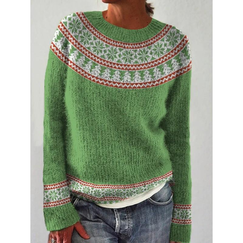 Womens Geometric Color Block Crewneck Sweater Loose Fit Long Sleeve Pullover Knit Top