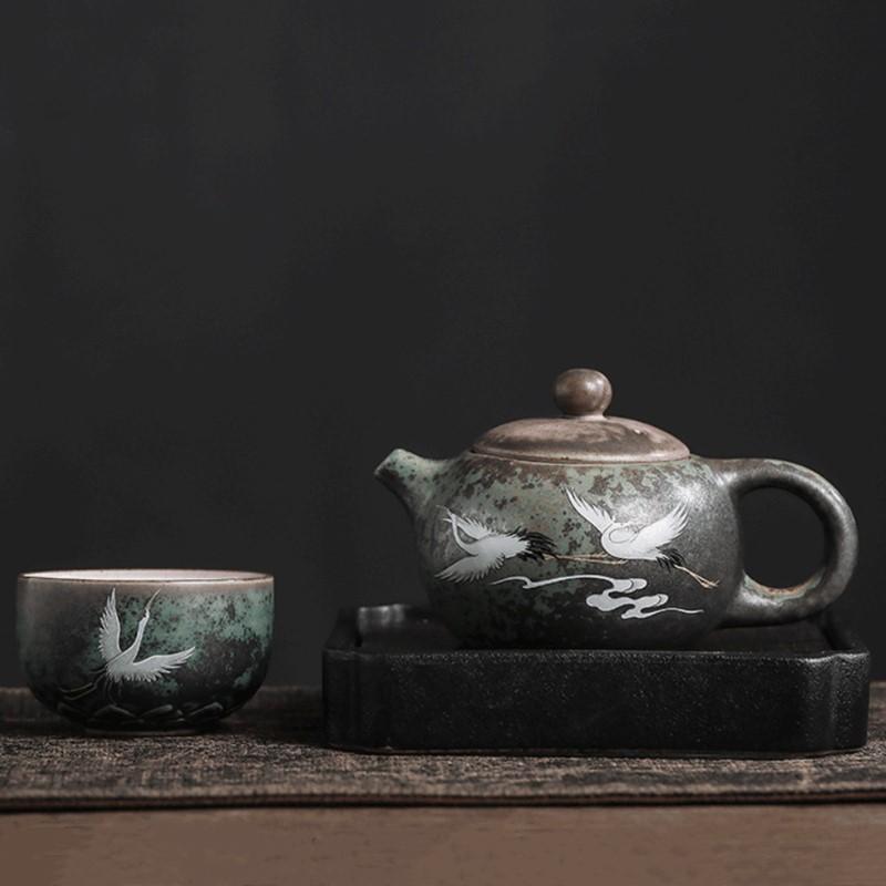 Handmade Ceramic Crane Teapot/Teacup – Hand-Painted Retro Coarse Pottery Tea Set, Portable Travel Kettle