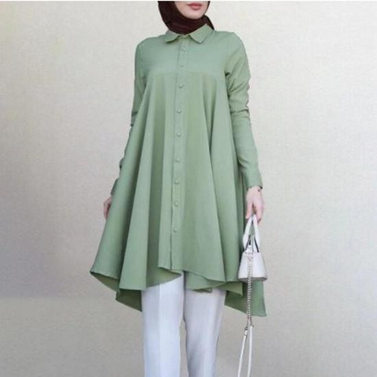 In-Stock Muslim Women's Solid Color Lapel Wrap Shirt: Long Sleeve, Button Placket, Swallowtail Hem