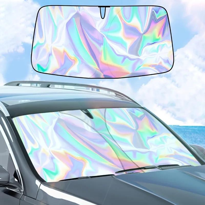 1pc Car Sun Shade, Summer Windshield Sunshade, Foldable Laser Sun Protector, Keeps Vehicle Cool, Interior Protection, UV Rays