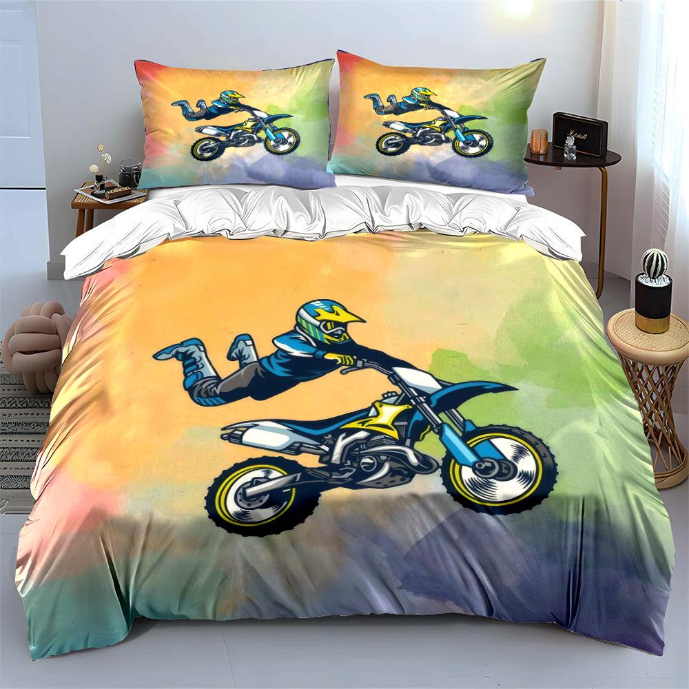 "Motorbike Stunt Artwork Set" Soft Skin-Friendly Bedding Set Includes 1 Duvet Cover And 2 Pillowcase, Gift