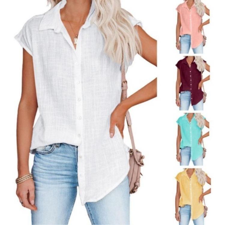 Women Casual Short Sleeve Shirt Summer Solid Color Lapel Top Single Breasted Blouse