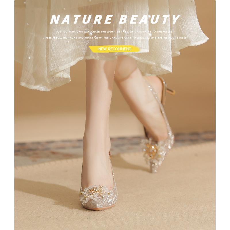 7520-2 [овчина] туфли на высоком каблуке женские тонкие каблуки 2025 новые остроносые темпераментные хрустальные свадебные туфли пустые сандалии