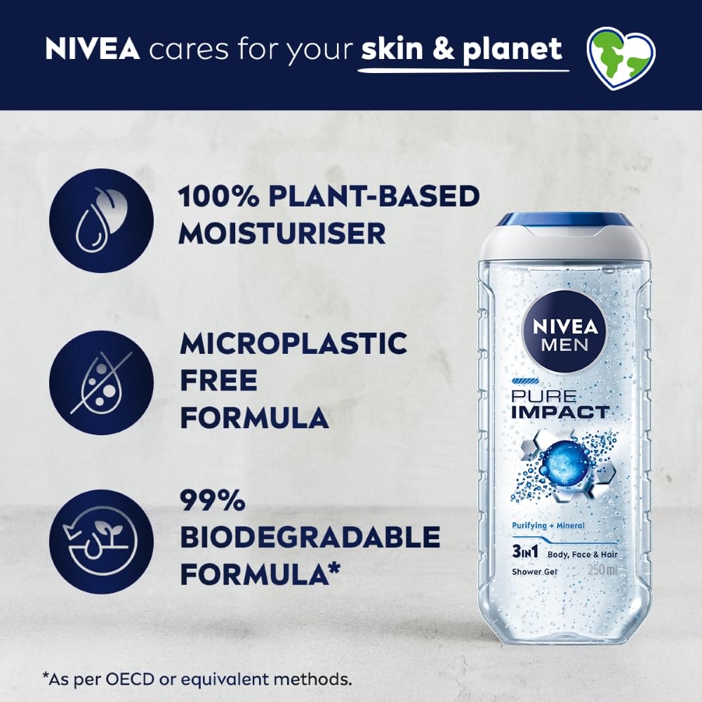 Nivea Мужской гель для душа Pure Impact 500 мл 3-в-1 для тела, лица и волос со свежим ароматом и увлажняющим очищением