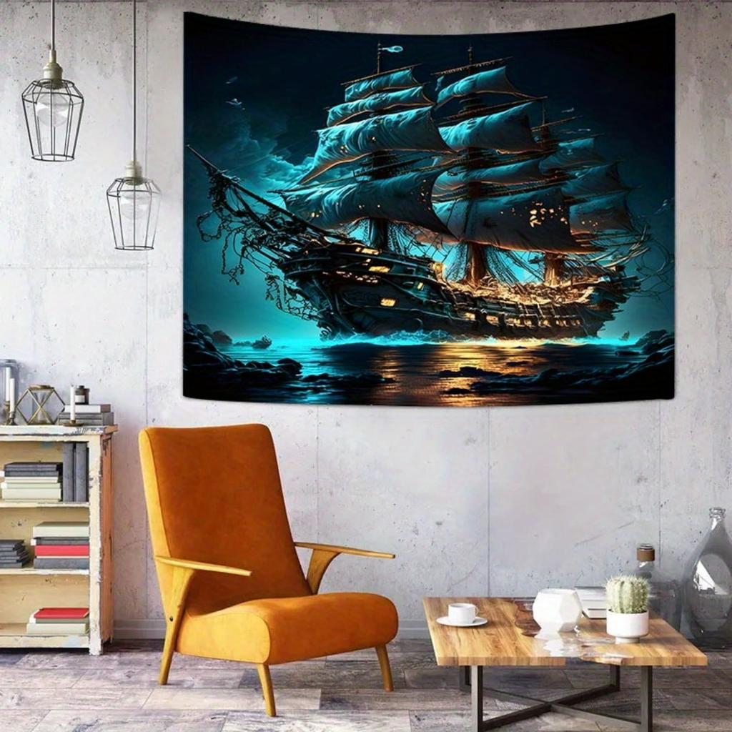 1pc Green Tapestry Ghost Ship Printed Reusable Dustproof Oversized Tapestry for Birthiday Gift Home Party Wall Decoration