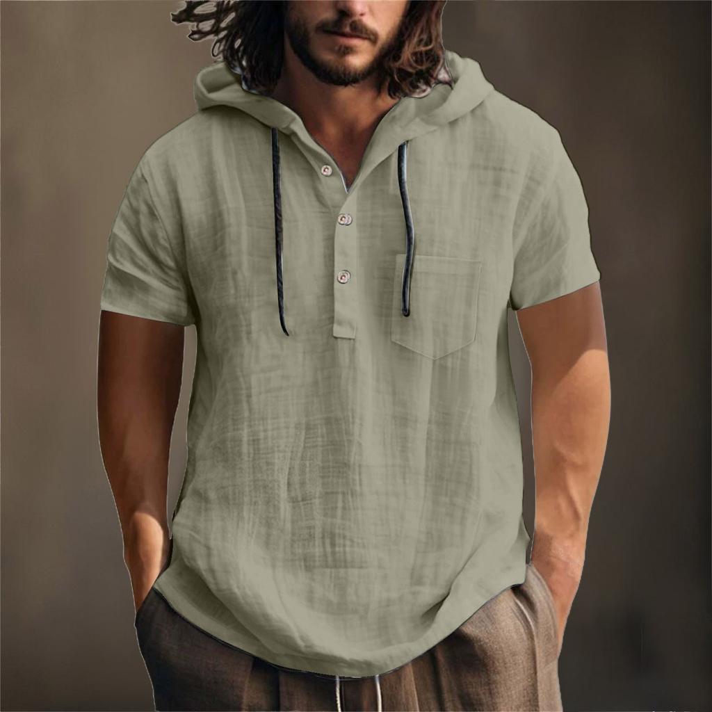 Мужская летняя хлопковая конопляная хлопковая тонкая повседневная однотонная свободная куртка с капюшоном и коротким рукавом