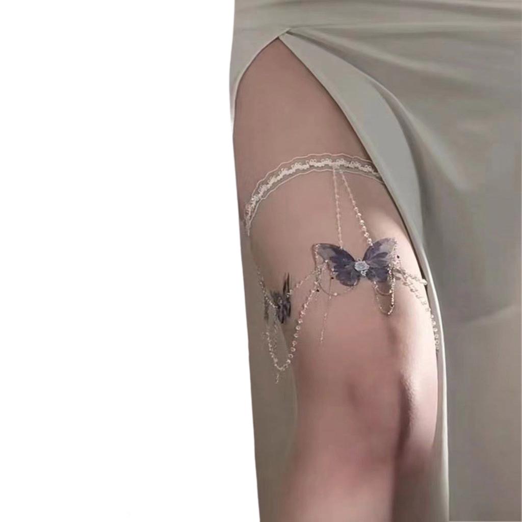 Butterfly Tassels Thigh Chain Adjustable Length Lace Leg Chain with Fringes Accent Unique Body Jewelry for Women Girls