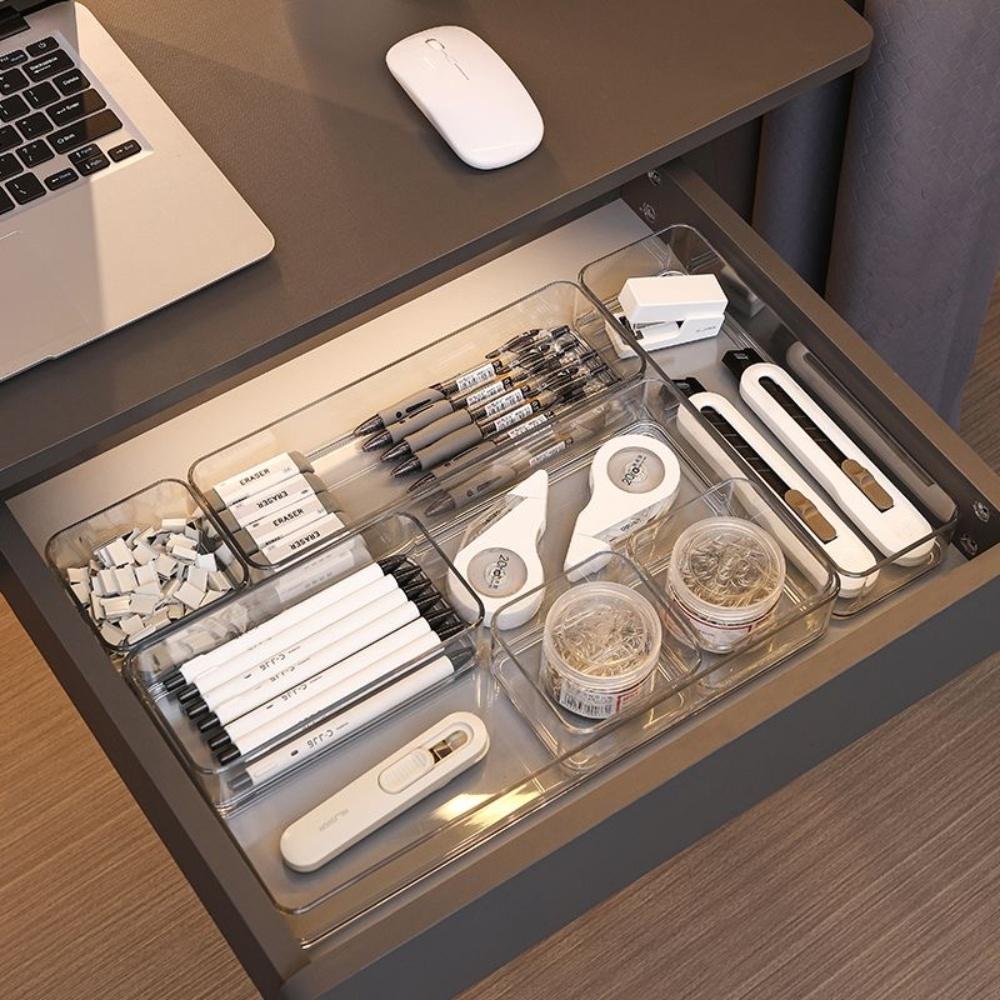 6Pcs Clear Desk Drawer Organizers Set Stackable Bathroom Storage Makeup Organizer Transparent Storage Box Bins Kitchen Gadget