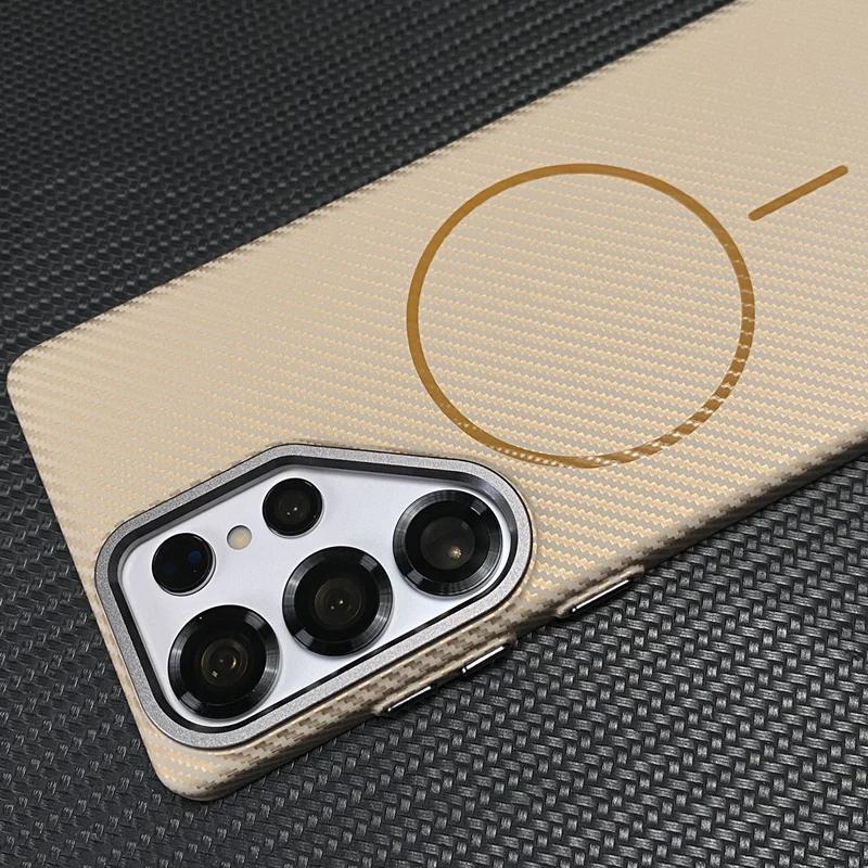 Ультратонкий чехол с текстурой углеродного волокна для Samsung Galaxy S25 Plus Ultra, для Magsafe, с металлическим ободком камеры, поддержка беспроводной зарядки, жесткая поликарбонатная крышка