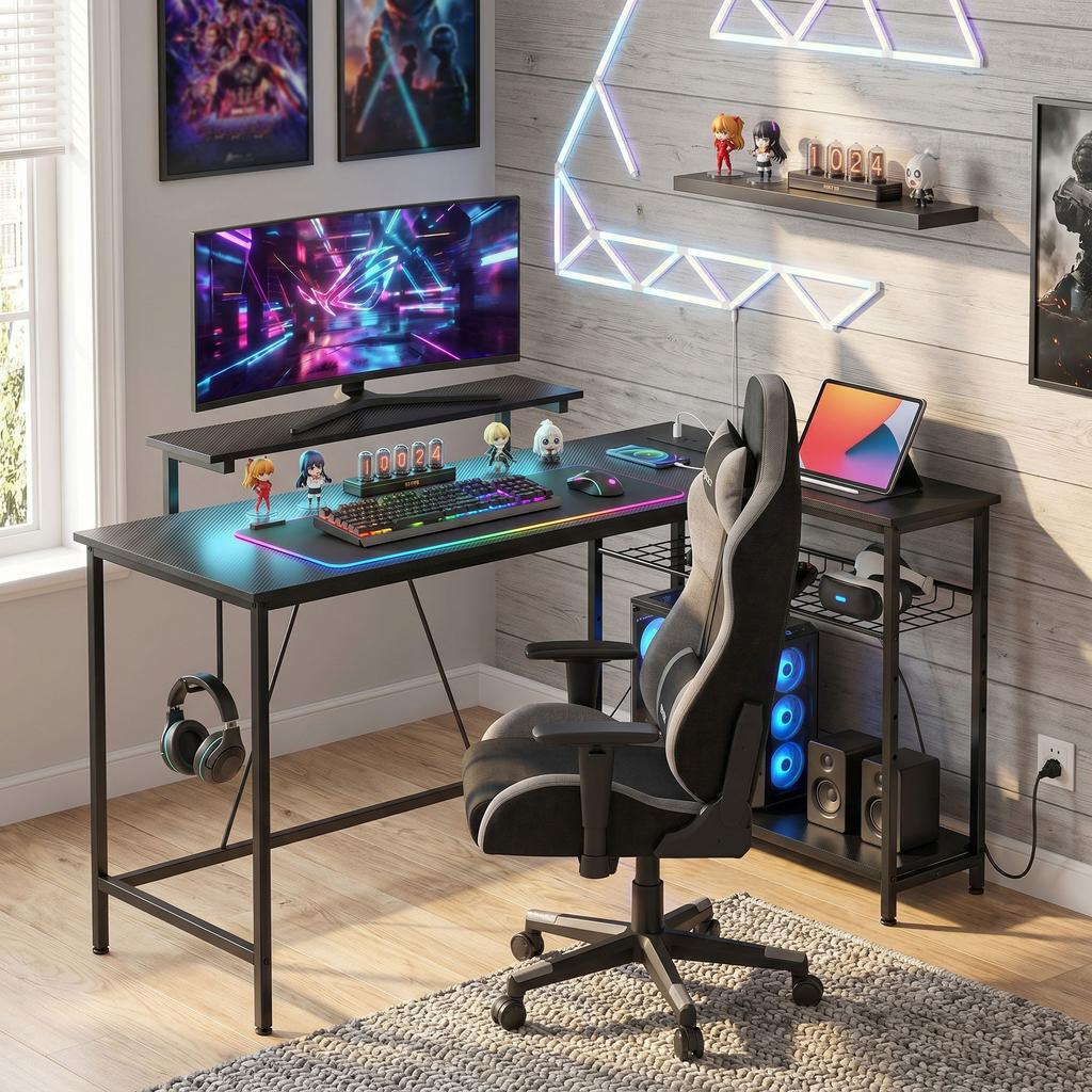 Reversible L Led Light Gaming Work Desk Black