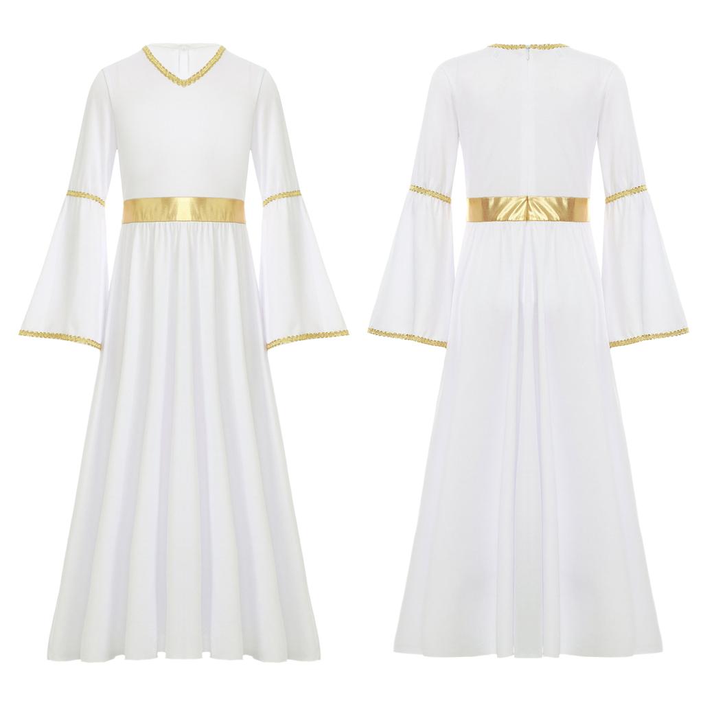 Костюм Ангела для Девочек, Платье Пэчворк с Золотой Отделкой и Длинными Рукавами, с Перьевыми Аксессуарами для Божественных Косплей Выступлений