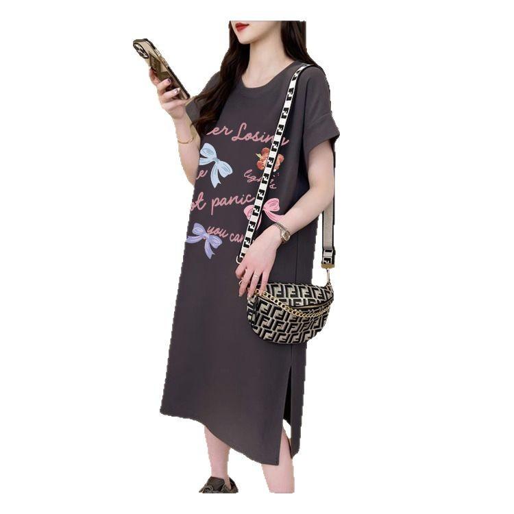 Женское модное свободное корейское платье-футболка, летнее платье Fat Mm с коротким рукавом выше колена, длинное повседневное платье с разрезом