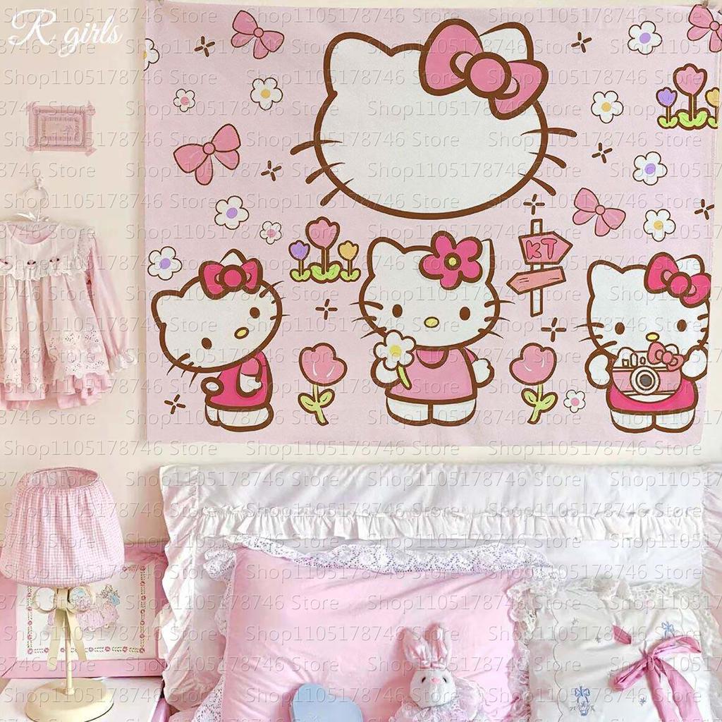 Cartoon Hello Kitty Wall Hanging Cute Girl Room Decor Tapestry Dormitory Bedroom Bedside Photo Backdrop