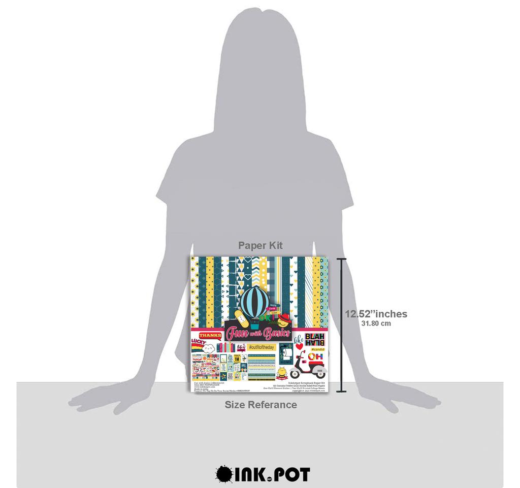 Inkdotpot Fun With Basics Collection Double,Sided Scrapbook Paper Kit Cardstock 12"x12" -16 Pages