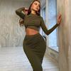 European and American Style Solid Color Round Neck Irregular Long Sleeved Crop Top Casual Half Skirt Two-piece Set