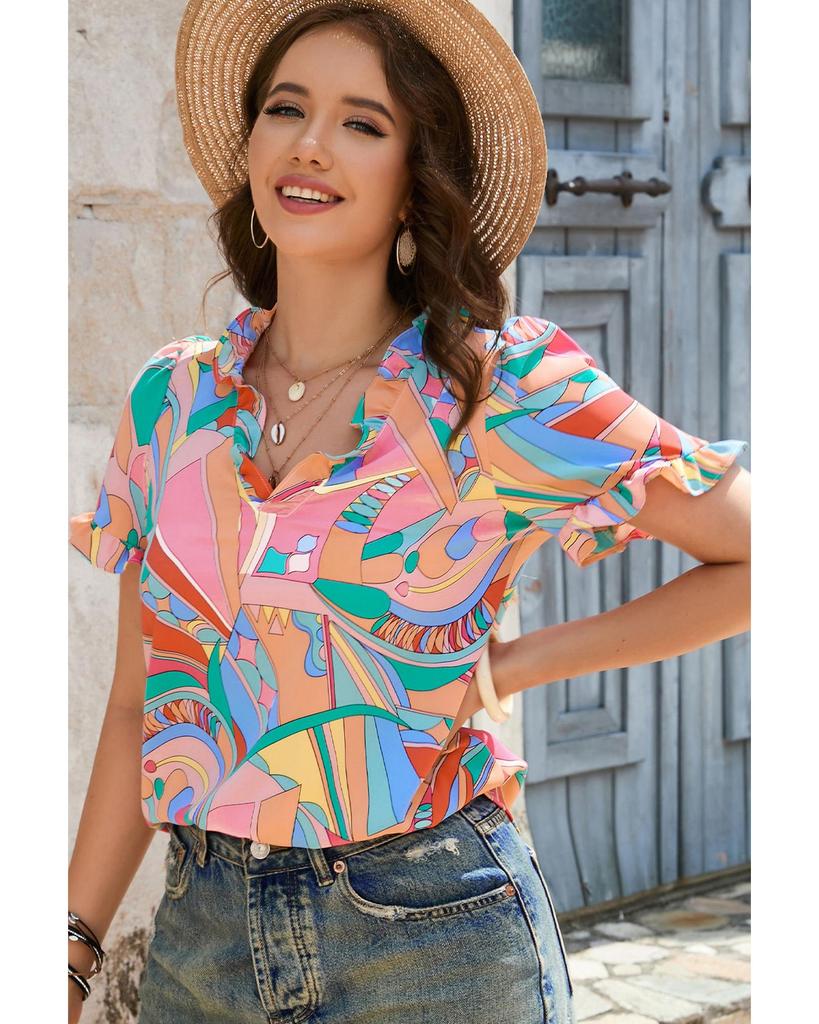 Azura Exchange Блузка с V-образным вырезом и оборками в виде абстрактной геометрии