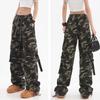 Women Cargo Pants Camouflage Print Multi Pockets Lace-Up Detail Long Pants Straight Wide Leg High Street Pants