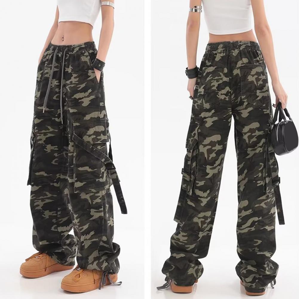Women Cargo Pants Camouflage Print Multi Pockets Lace-Up Detail Long Pants Straight Wide Leg High Street Pants