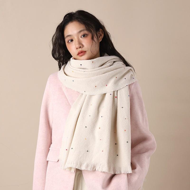 Solid color white scarf women's autumn and winter new polka dot tassel Korean version shawl dual-purpose high-end scarf