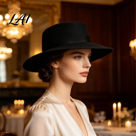Polyester Warm Winter Cap Flat Top Fedora Hat Wool Blend Derby Cap Retro Jazz Elegant Headwear Wide Brim Felt Hat for Women Events & Daily