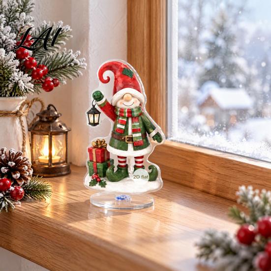 Creative Christmas Home Ornaments Rotating Gnome Acrylic Desktop Ornament 2D Flat Holiday Window Sill Ornament Tabletop Centerpiece for Party Mantel