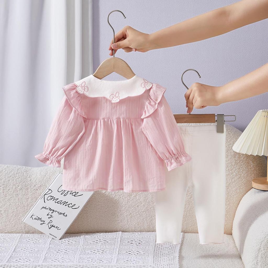 Осенний милый комплект из двух предметов: рубашка с длинным рукавом и воротником-лепестком для младенцев и девочек