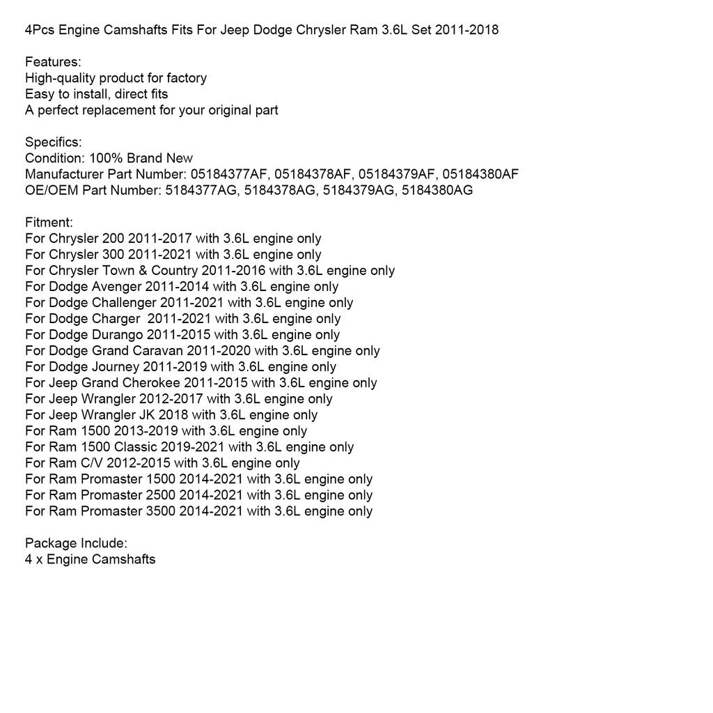 4 шт. распредвалы двигателя подходят для Jeep Dodge Chrysler Ram 3.6L комплект 2011-2018