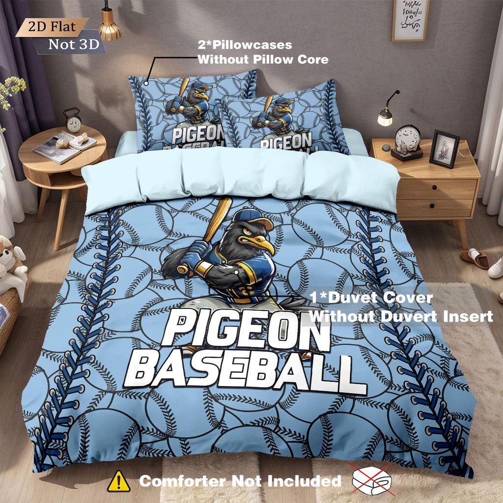 3Pcs Cartoon Pigeon Baseball Pattern Print Coreless Down Duvet Cover Set Multi Size Bedroom Bedding Decoration Machine Washable