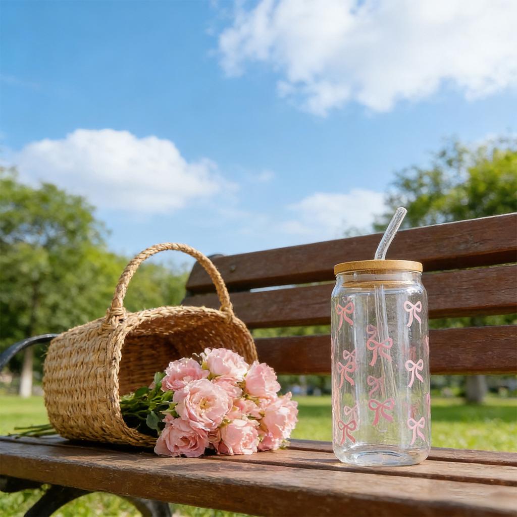 Стеклянный стакан из боросиликатного стекла 16 унций с крышкой и соломинкой - Стильный прозрачный стакан (Милый дизайн с бантом) Для , Напитков и Соков