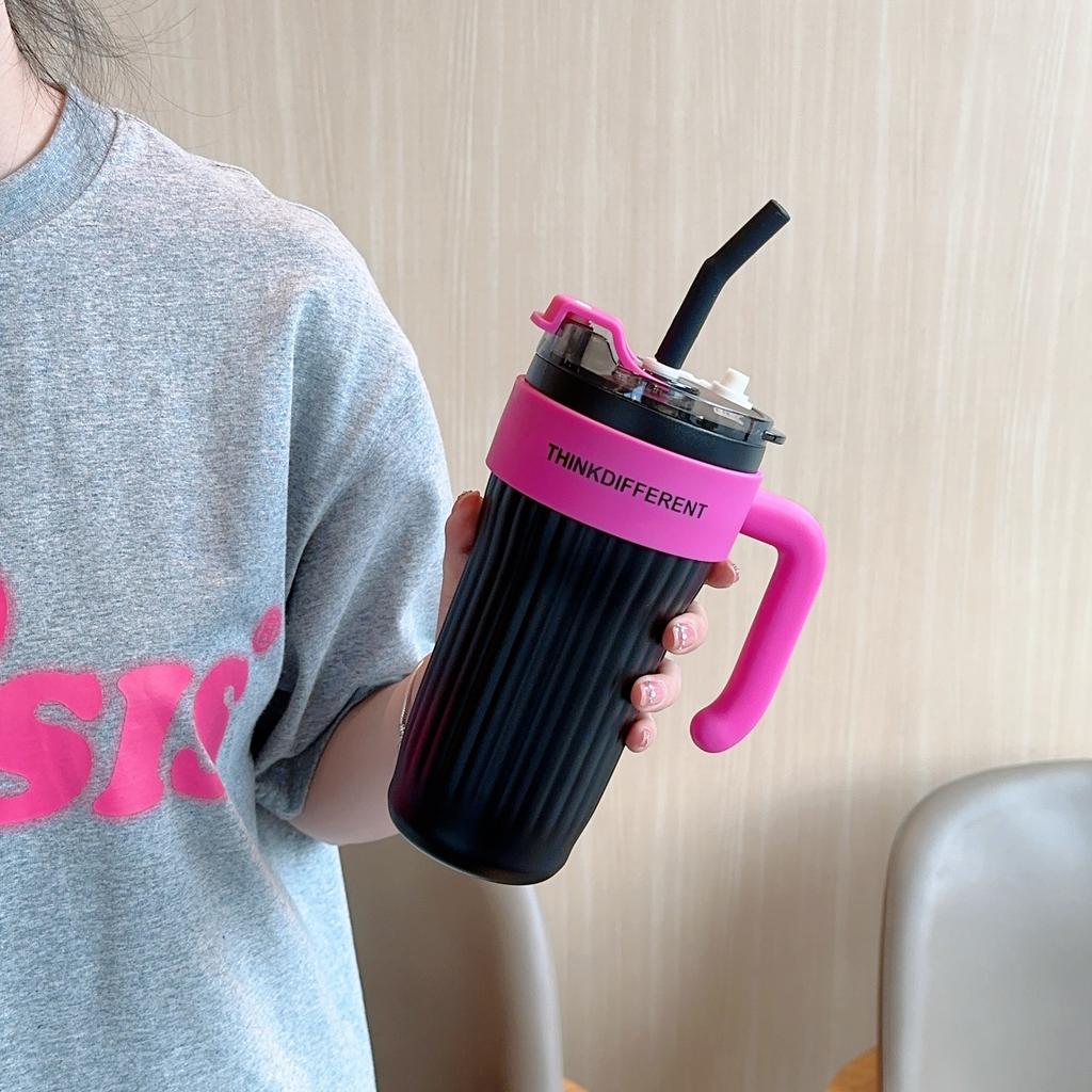 860ml Thermos Water Bottle Stainless Tumbler Large Capacity Coffee Thermal Cup With Handle Straw Outdoor Vacuum Insulated Bottle