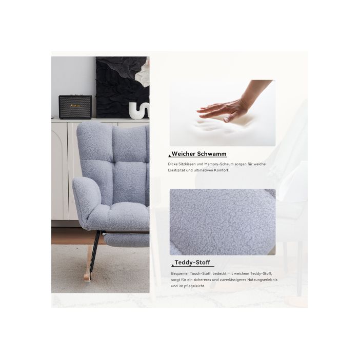 Nouveau fauteuil à bascule moderne avec rembourrage et tissu peluche, avec repose-pieds extensible, gris