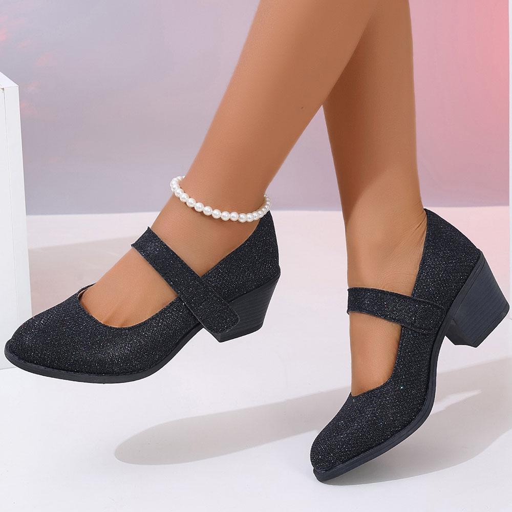 Pointed Toe Women Mary Jane Shoes Cute Casual Pumps Walking Comfy Bling Trendy Chunky Heels Women Shoes
