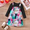 Girls' Autumn New Solid Color Pit Stripe Long Sleeve Top+Cute Contrast Cartoon Print Strap Dress Set