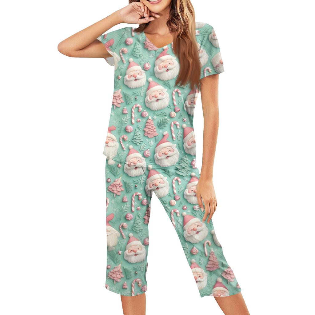 Женская повседневная спортивная пижама с коротким рукавом и укороченными брюками с рождественским принтом