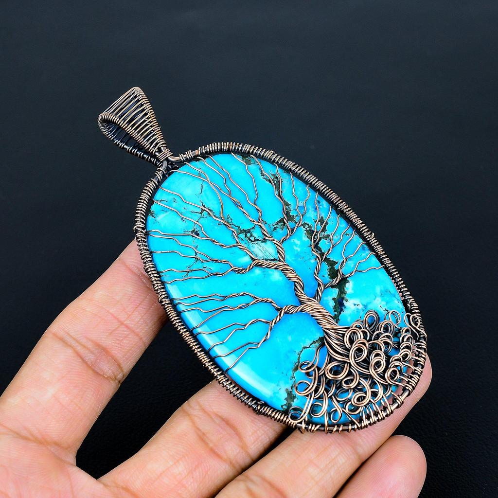 Tree Of Life Turquoise Pendant, Handmade Gemstone 999 Copper Wire Wrap Pendant Antique Jewelry, For Gift Copper Jewelry