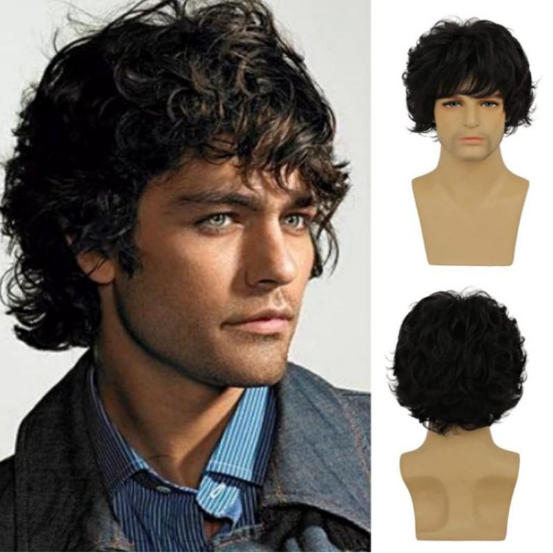 Mens Short Curly Wig Fluffy Denim Style High-Temperature Fiber Synthetic Hair Daily Wear